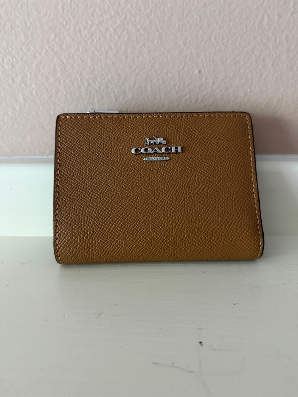 COACH Tan Pebbled Leather Zip Card Case with Logo